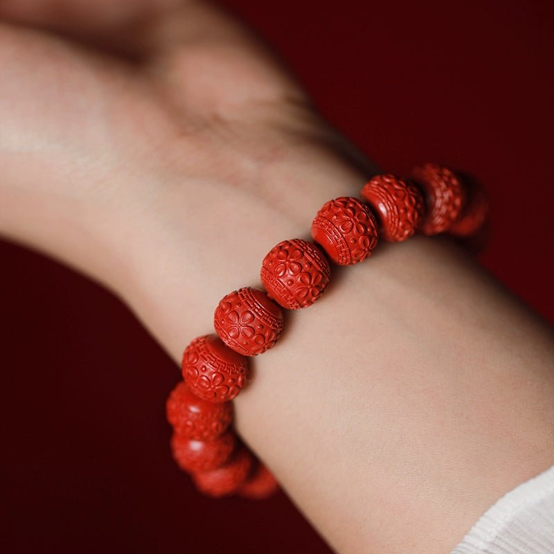 Chinese style red yarn purple cinnabar bracelet Huiwen bead flower bead bracelet - jewelry - weilin.com