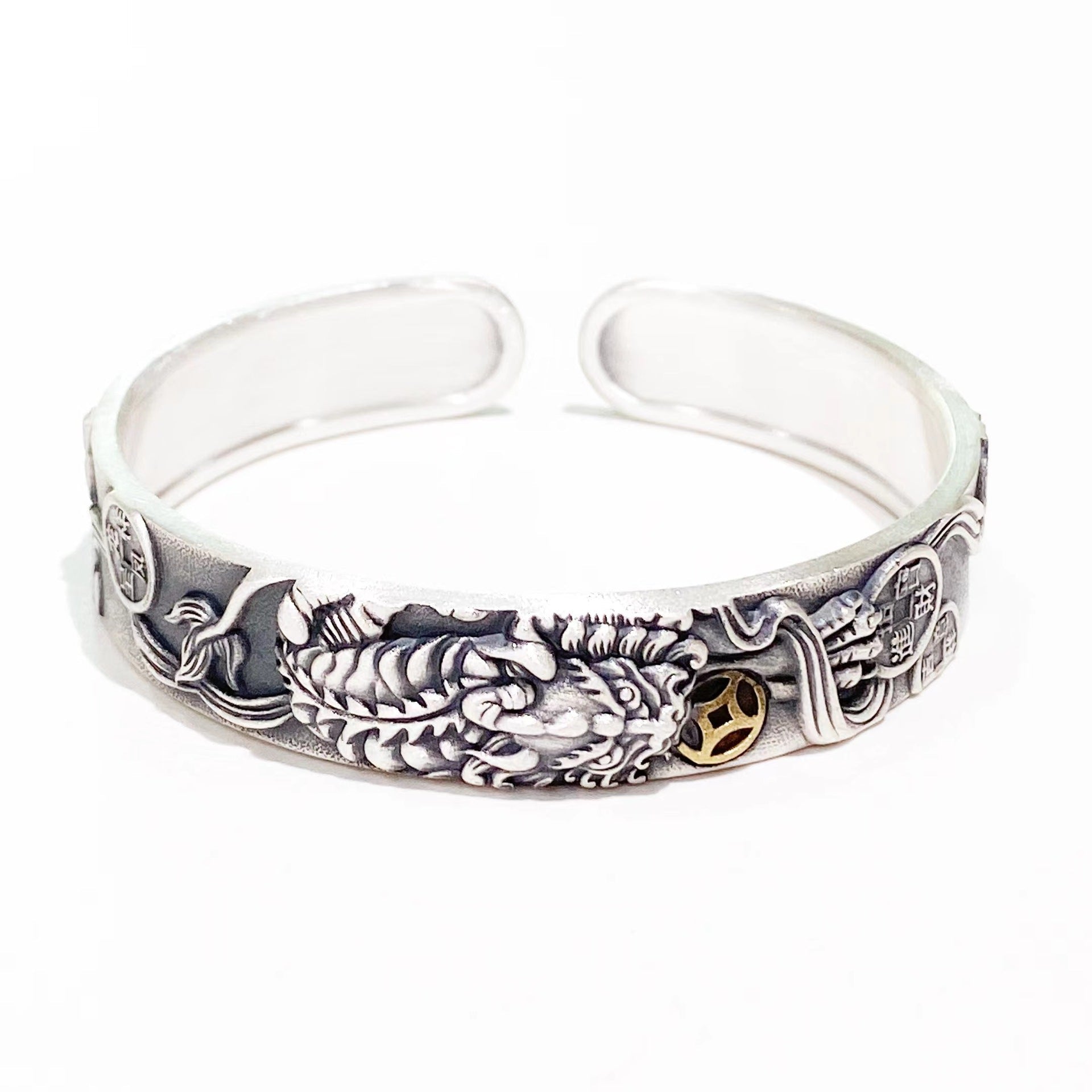 Chinese style relief carp pixiu sterling silver bracelet - jewelry - weilin.com