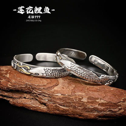 Chinese style relief carp pixiu sterling silver bracelet - jewelry - weilin.com