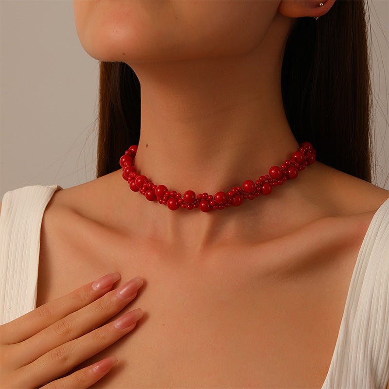 Chinese style retro double layer twisted red beaded necklace - jewelry - weilin.com