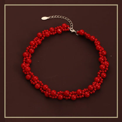 Chinese style retro double layer twisted red beaded necklace - jewelry - weilin.com