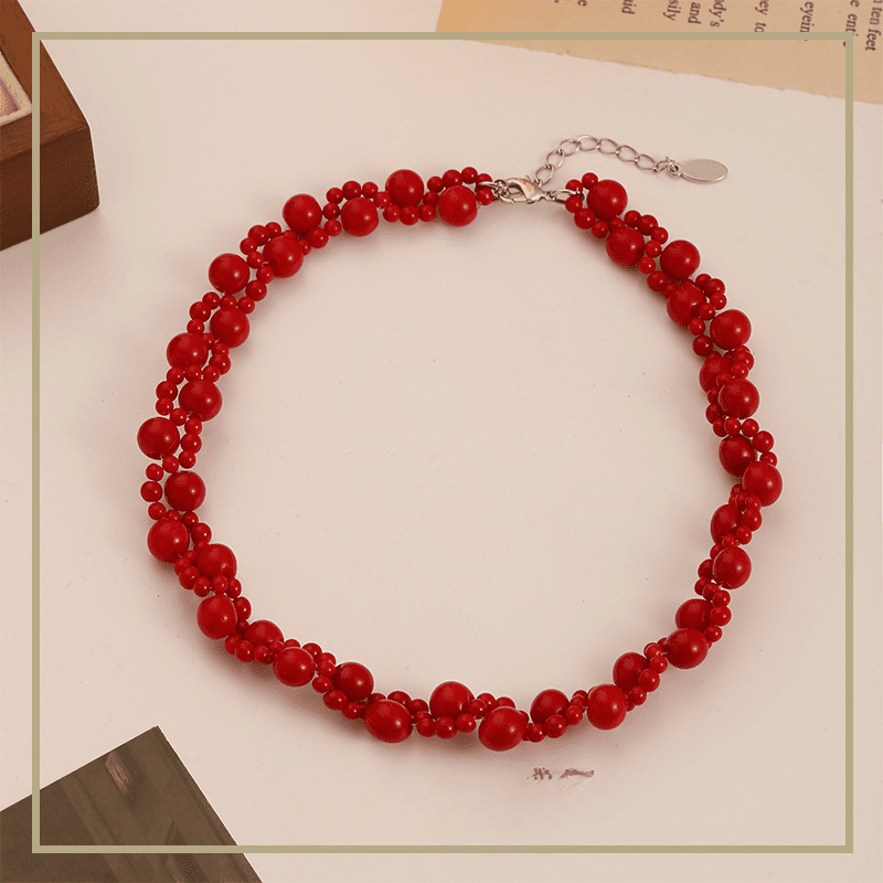 Chinese style retro double layer twisted red beaded necklace - jewelry - weilin.com