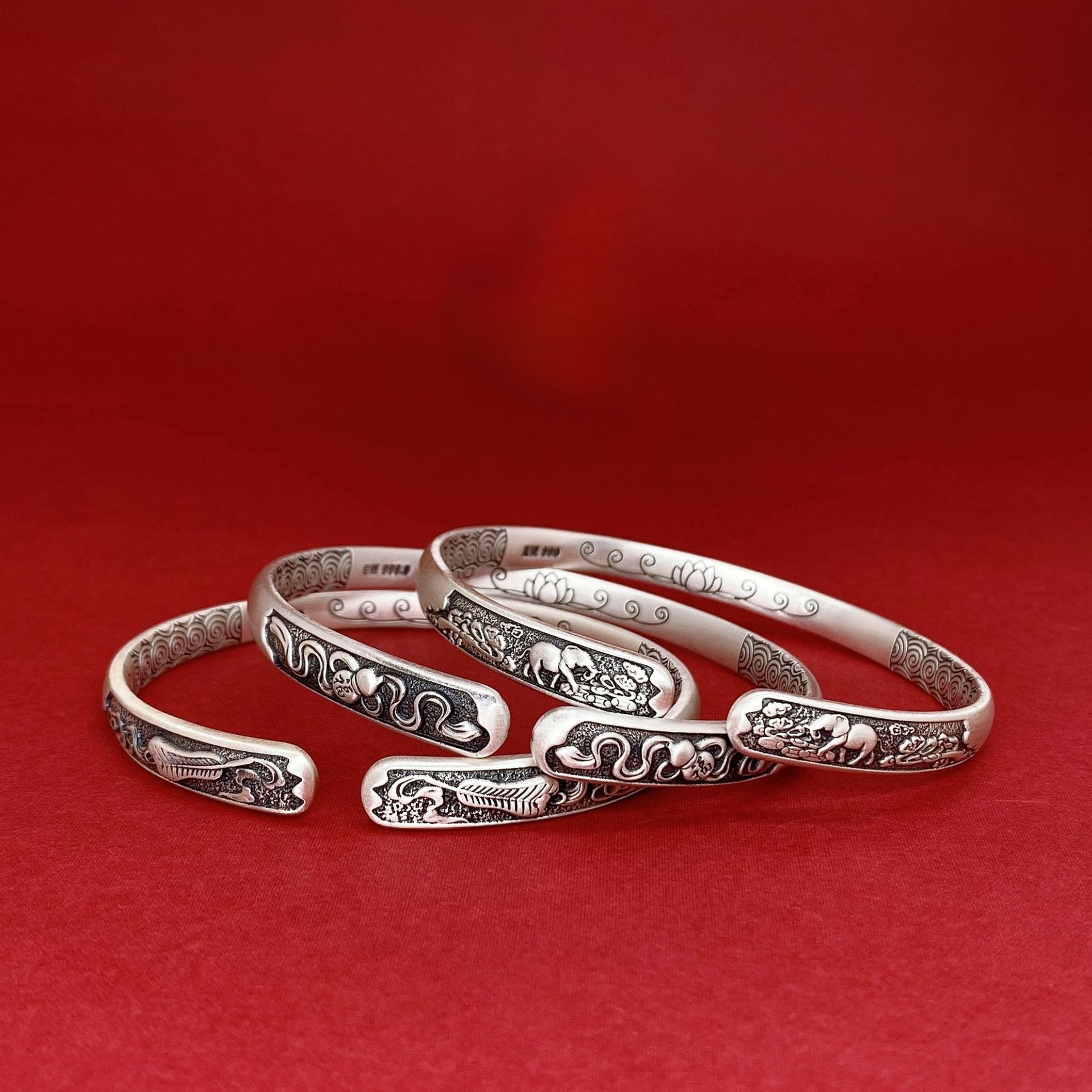 Chinese style ripple sterling silver bracelet - jewelry - weilin.com