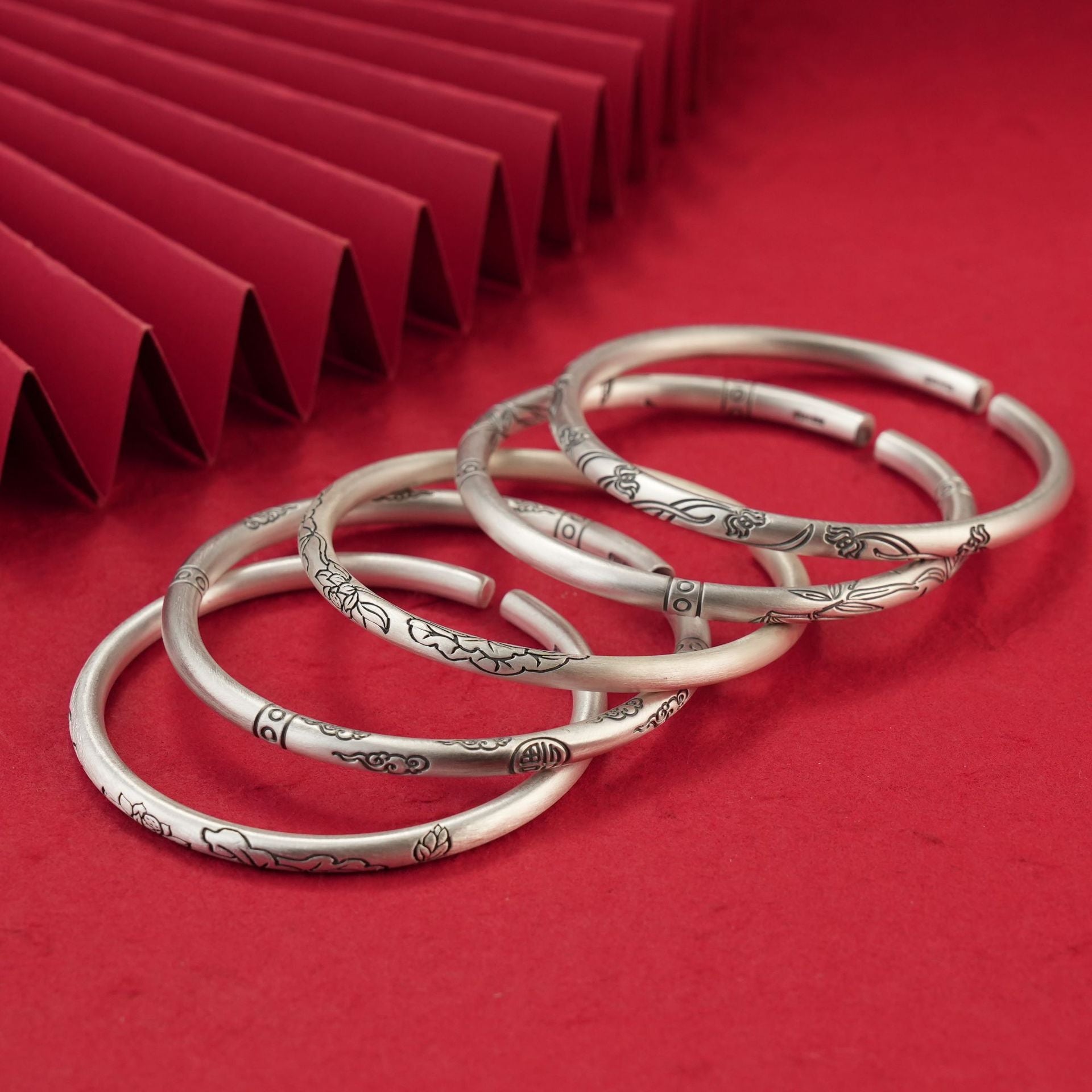 Chinese style round stick auspicious cloud sterling silver bracelet - jewelry - weilin.com