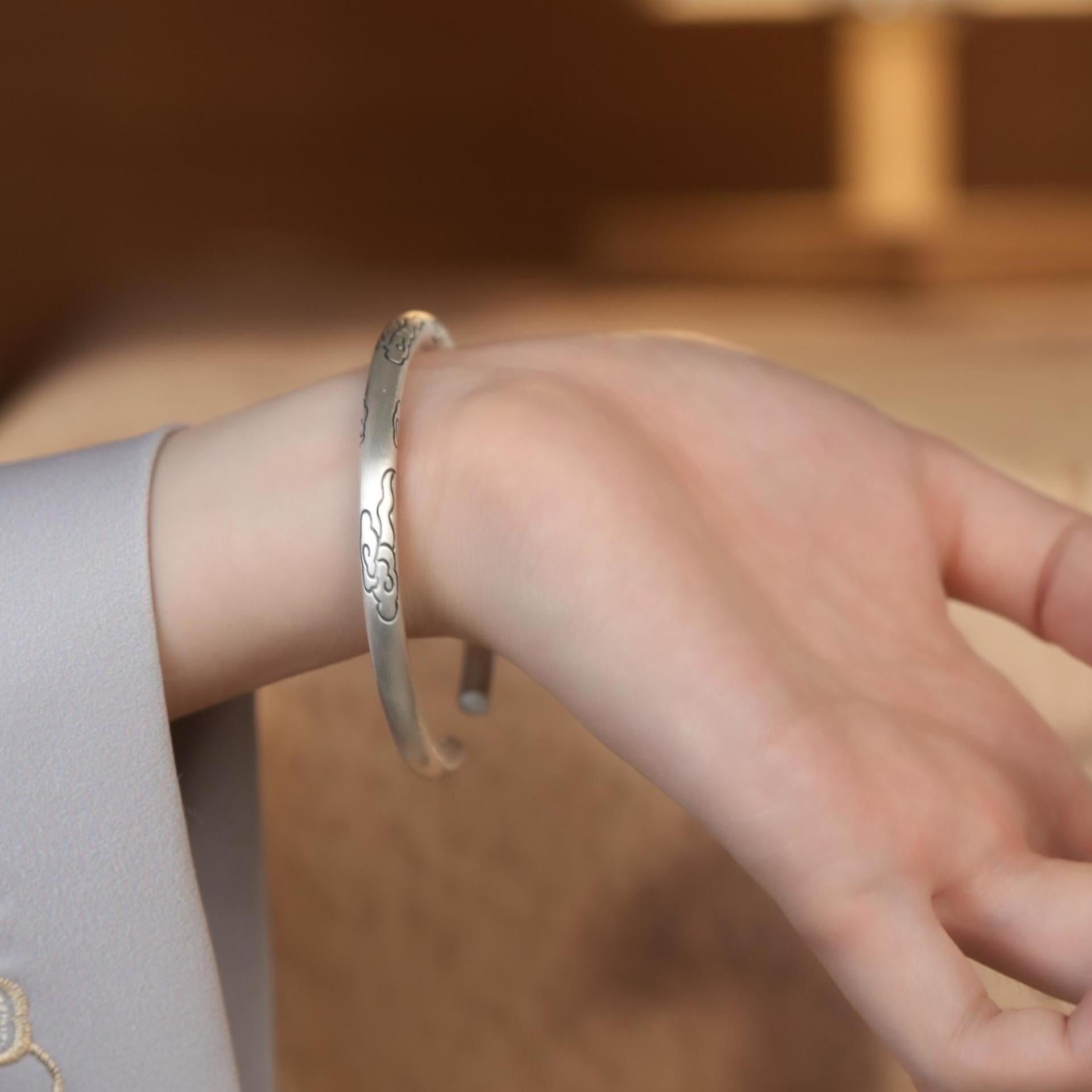 Chinese style round stick auspicious cloud sterling silver bracelet - jewelry - weilin.com