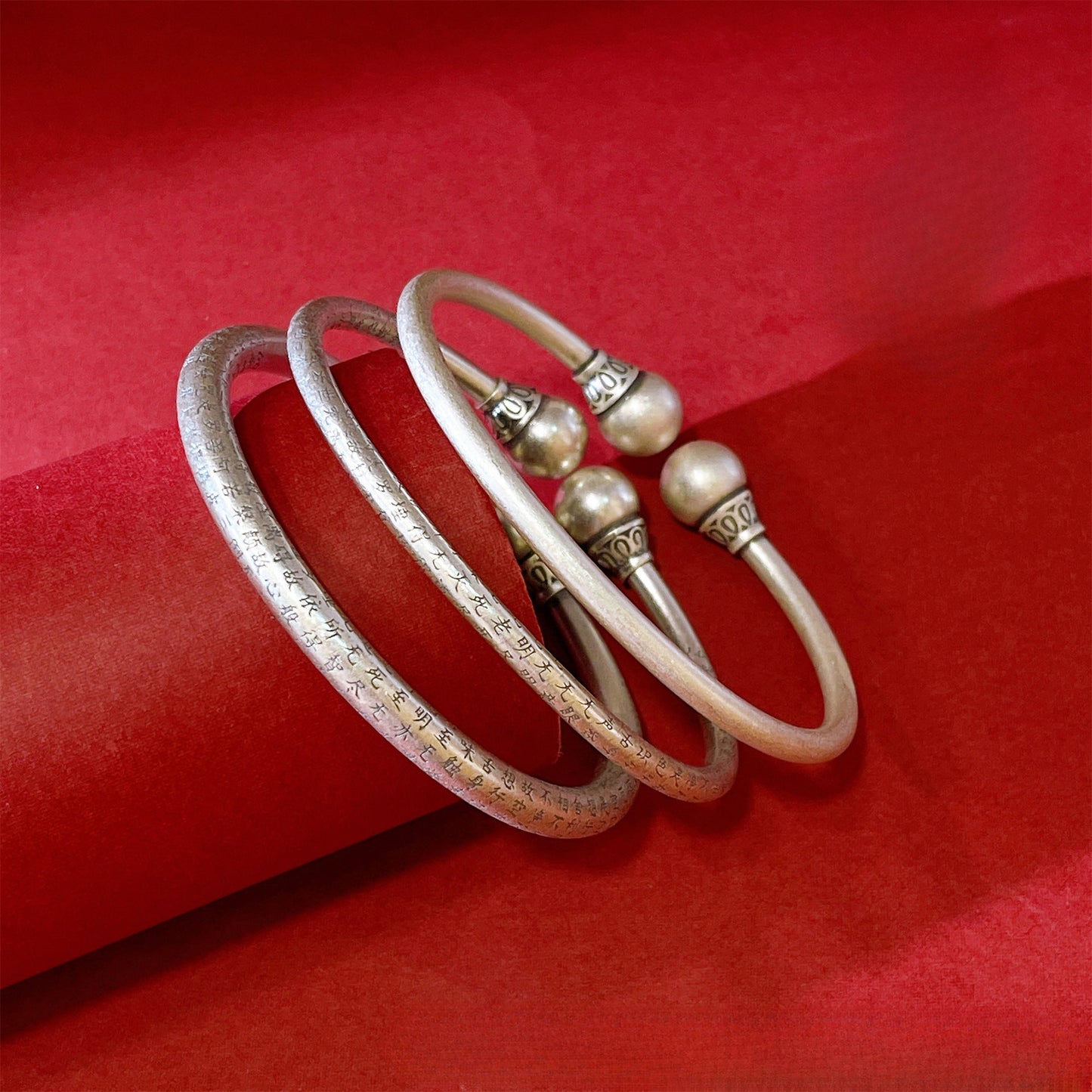 Chinese style Tibetan round bead sterling silver bracelet - jewelry - weilin.com