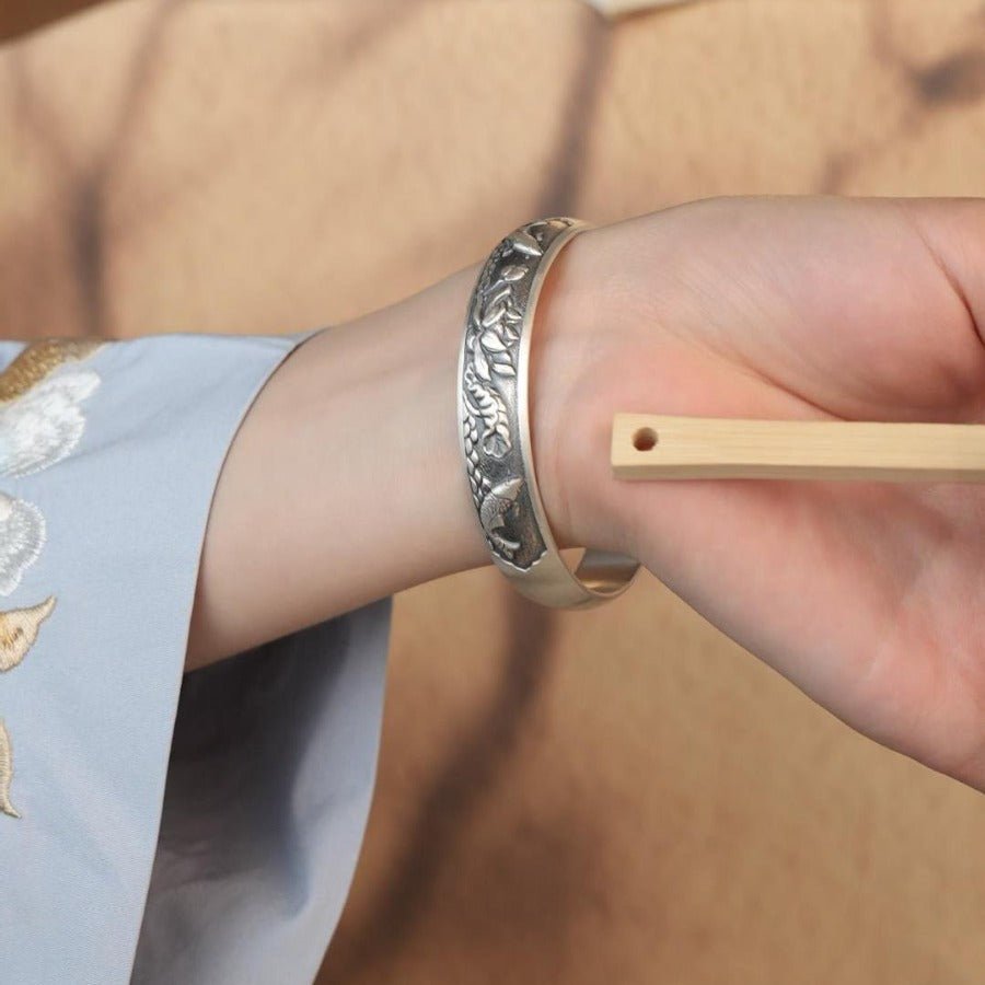 Chinese style vintage lotus fish sterling silver bracelet - jewelry - weilin.com