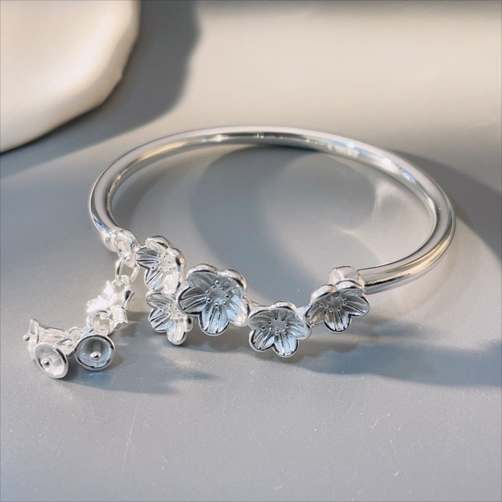 chinoiserie patterned butterfly bell open sterling silver bracelet - jewelry - weilin.com