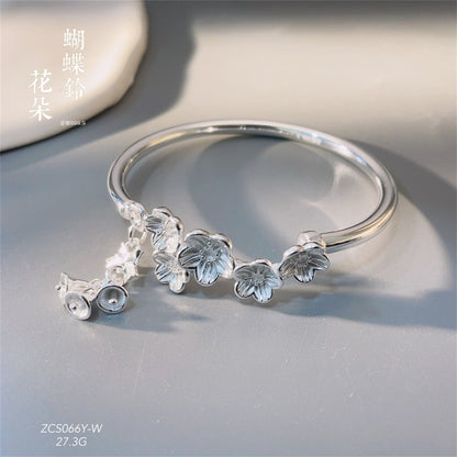 chinoiserie patterned butterfly bell open sterling silver bracelet - jewelry - weilin.com