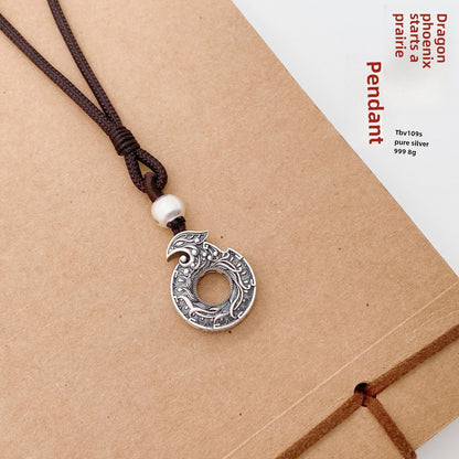 Couple's Ancient Dragon and Phoenix Sterling Silver Pendant Necklace - jewelry - weilin.com