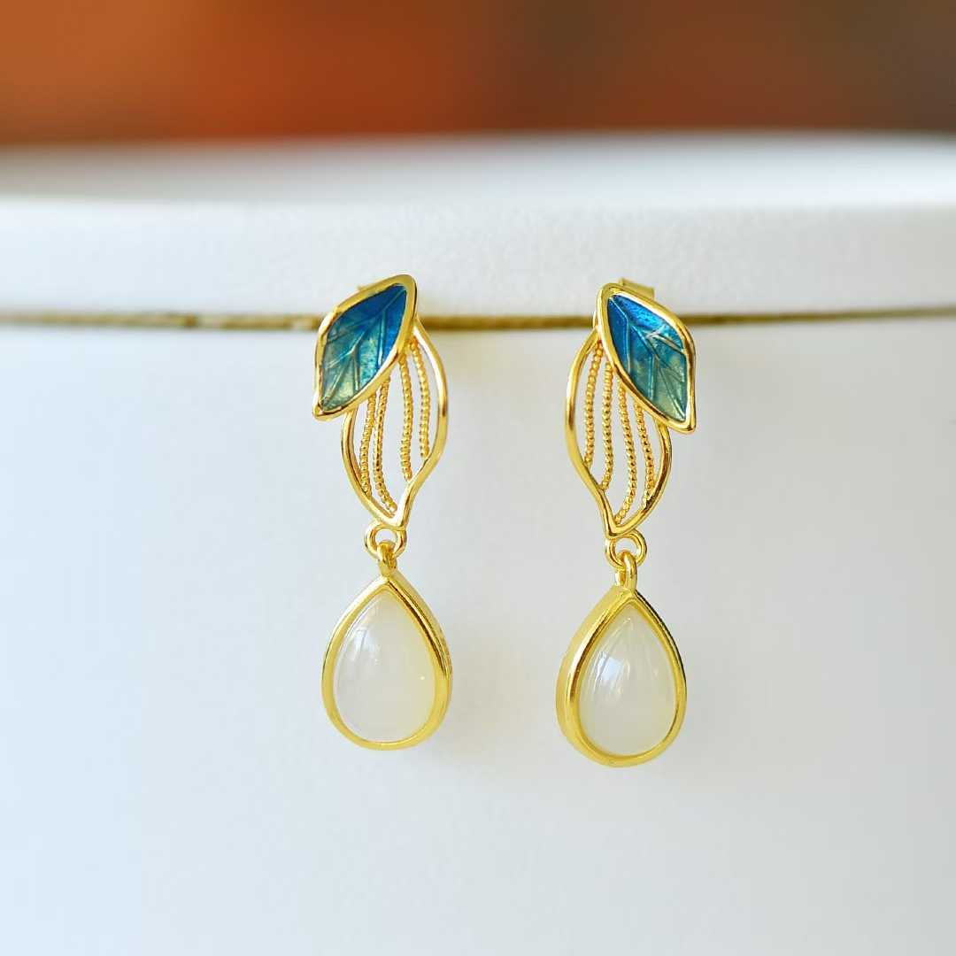 925 Silver Inlaid Hetian Nephrite "Golden Branch & Jade Leaf" Earrings