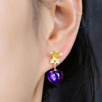 Natural Brazilian Amethyst Heart Earrings
