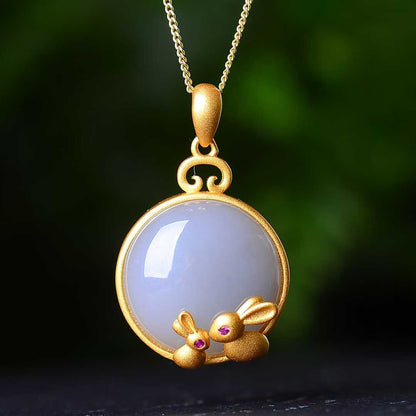 925 Silver Inlaid Hetian Nephrite "Smoky Gray Round Drum Rabbit" Pendant