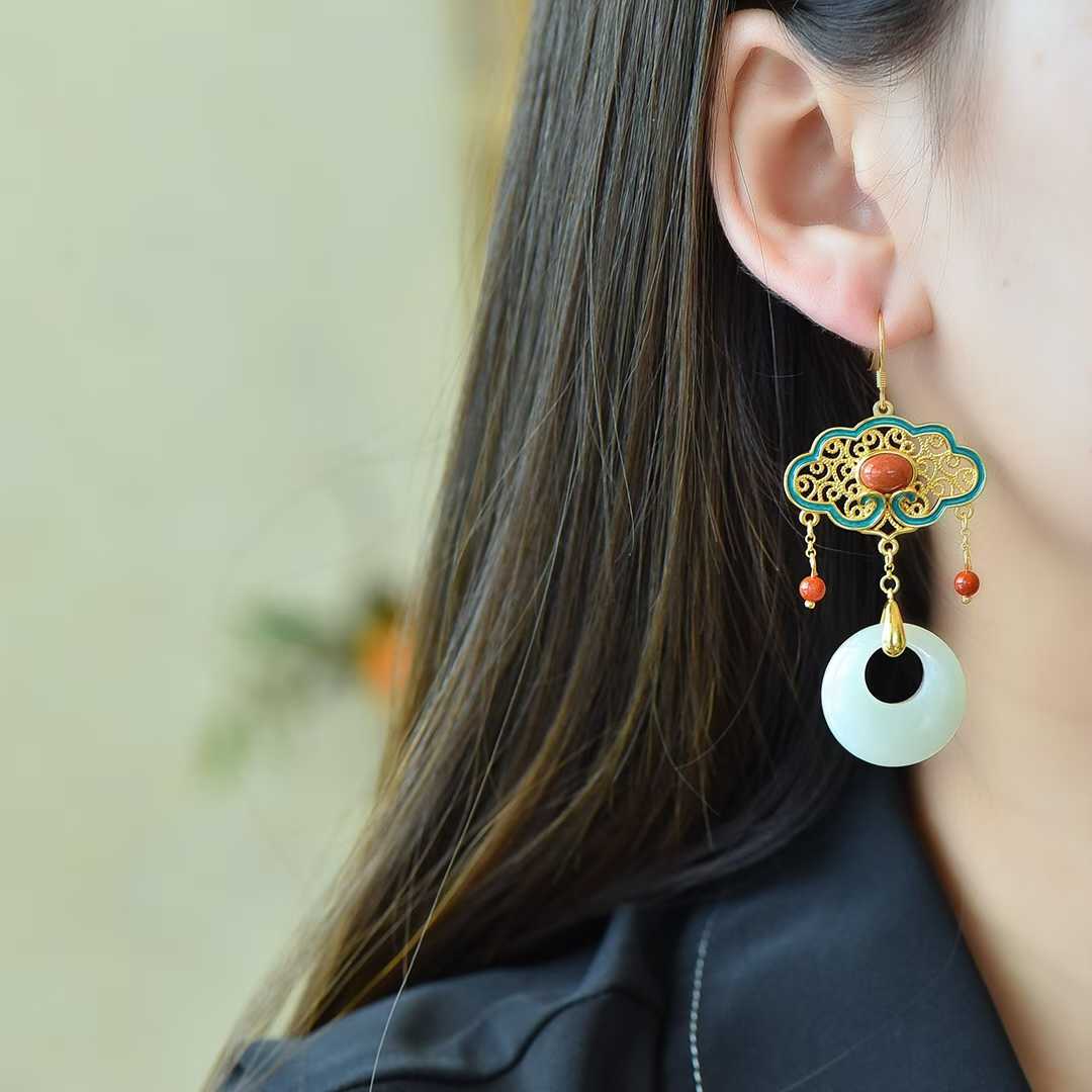 Traditional Chinese Forbidden City enamel Hetian jade earrings
