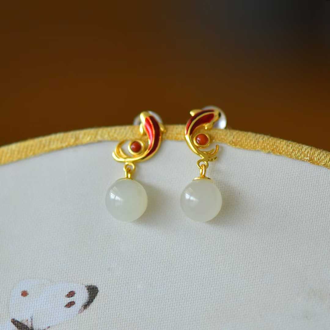 925 Silver Inlaid White Hetian Nephrite "Abundance Every Year" Fish Stud Earrings