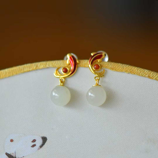 925 Silver Inlaid White Hetian Nephrite "Abundance Every Year" Fish Stud Earrings