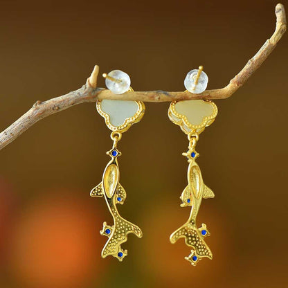 925 Silver Inlaid Nephrite "Year of the Fish" Four-Leaf Clover Stud Earrings