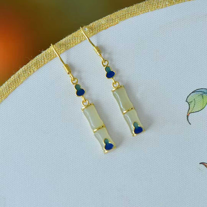 925 Silver Inlaid Hetian Nephrite "Clear Water Jade, Bamboo Joint & Gourd" Earrings