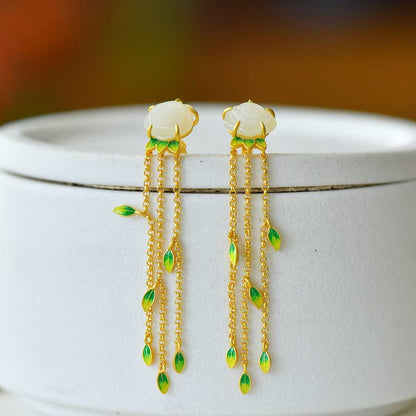 925 Silver Inlaid Enamel & Hetian Nephrite "Rose Tassel" Earrings