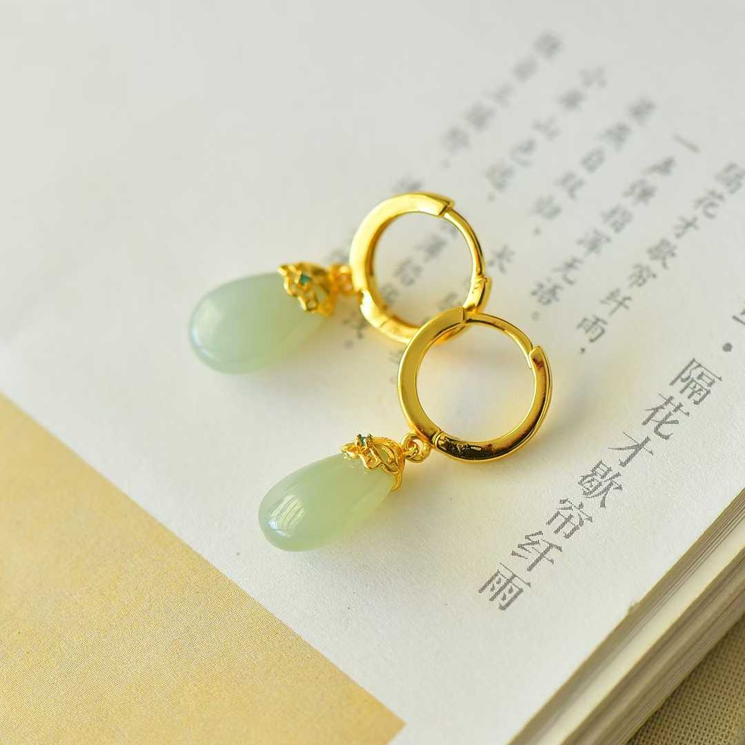 925 Silver Inlaid Qinghai White Nephrite "Golden Breeze & Jade Dew" Teardrop Stud Earrings