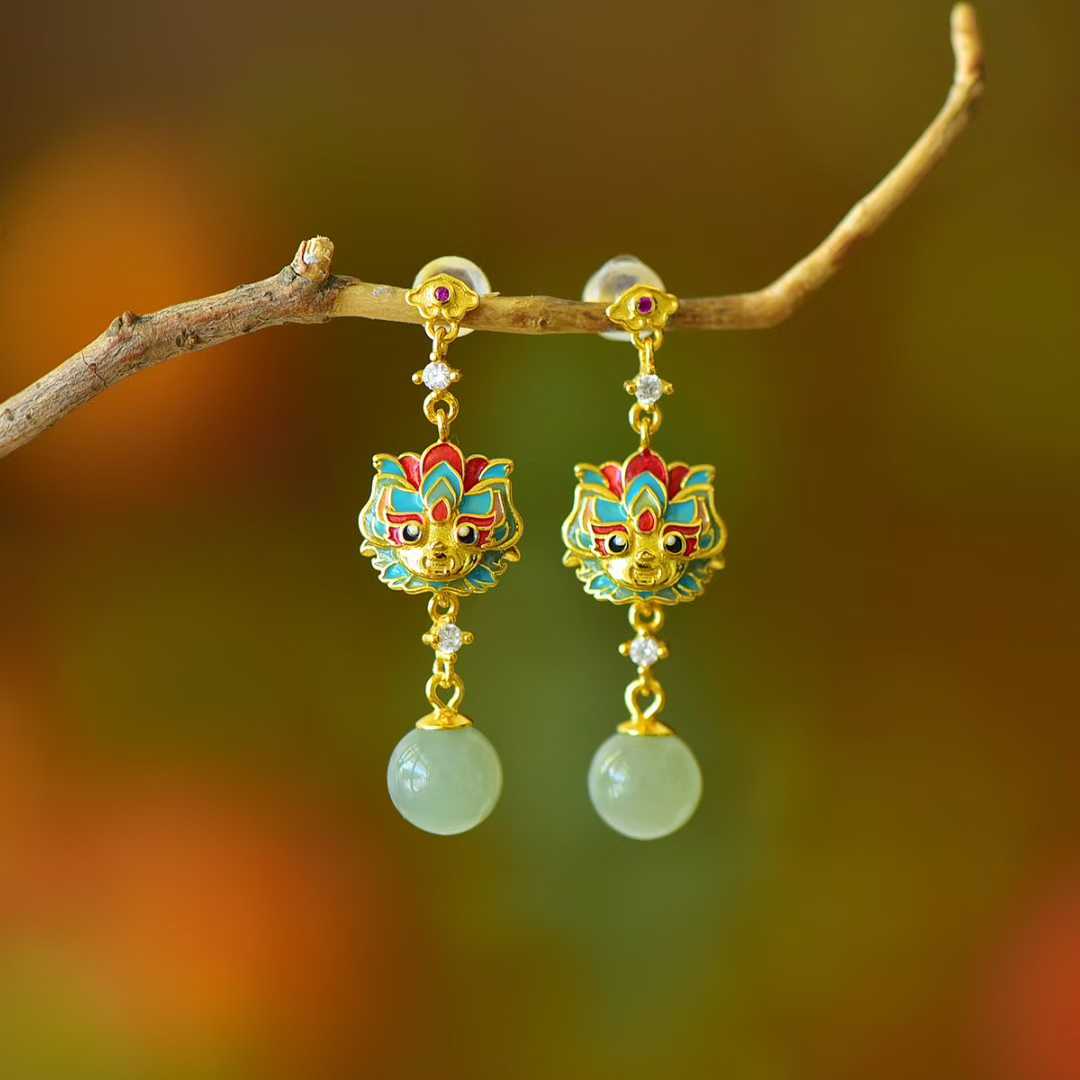 925 Silver Inlaid Hetian Nephrite "All Wishes Come True & Sunny Water Bead" Earrings