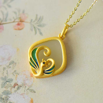 925 Silver Inlaid Nephrite Diamond-Shaped Phoenix Pendant