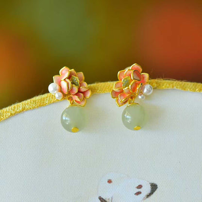 925 Silver Inlaid Hetian Nephrite Lotus Earrings