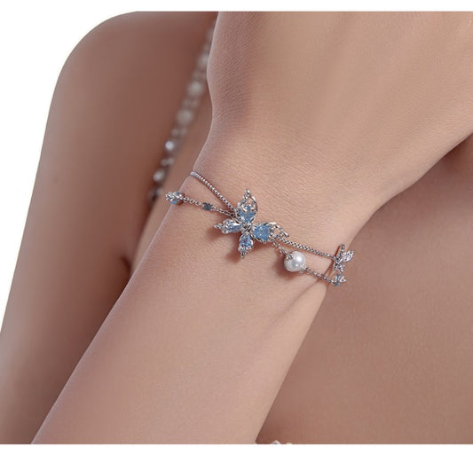 Frozen Ice Blue Butterfly Double Layer Pearl Bracelet