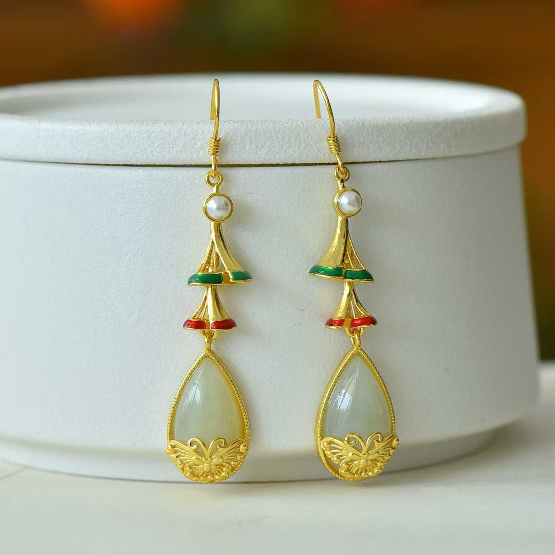 925 Silver Inlaid Nephrite "Dream Butterfly" Teardrop Earrings