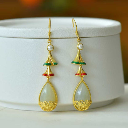 925 Silver Inlaid Nephrite "Dream Butterfly" Teardrop Earrings