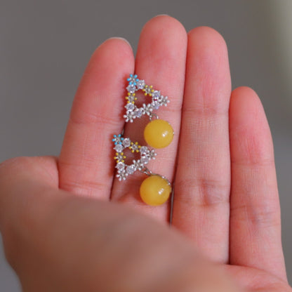 Natural Raw Ore Chicken Fat Yellow Amber Earrings