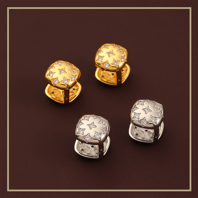 Simple retro three-dimensional square star zircon earrings - jewelryweilin