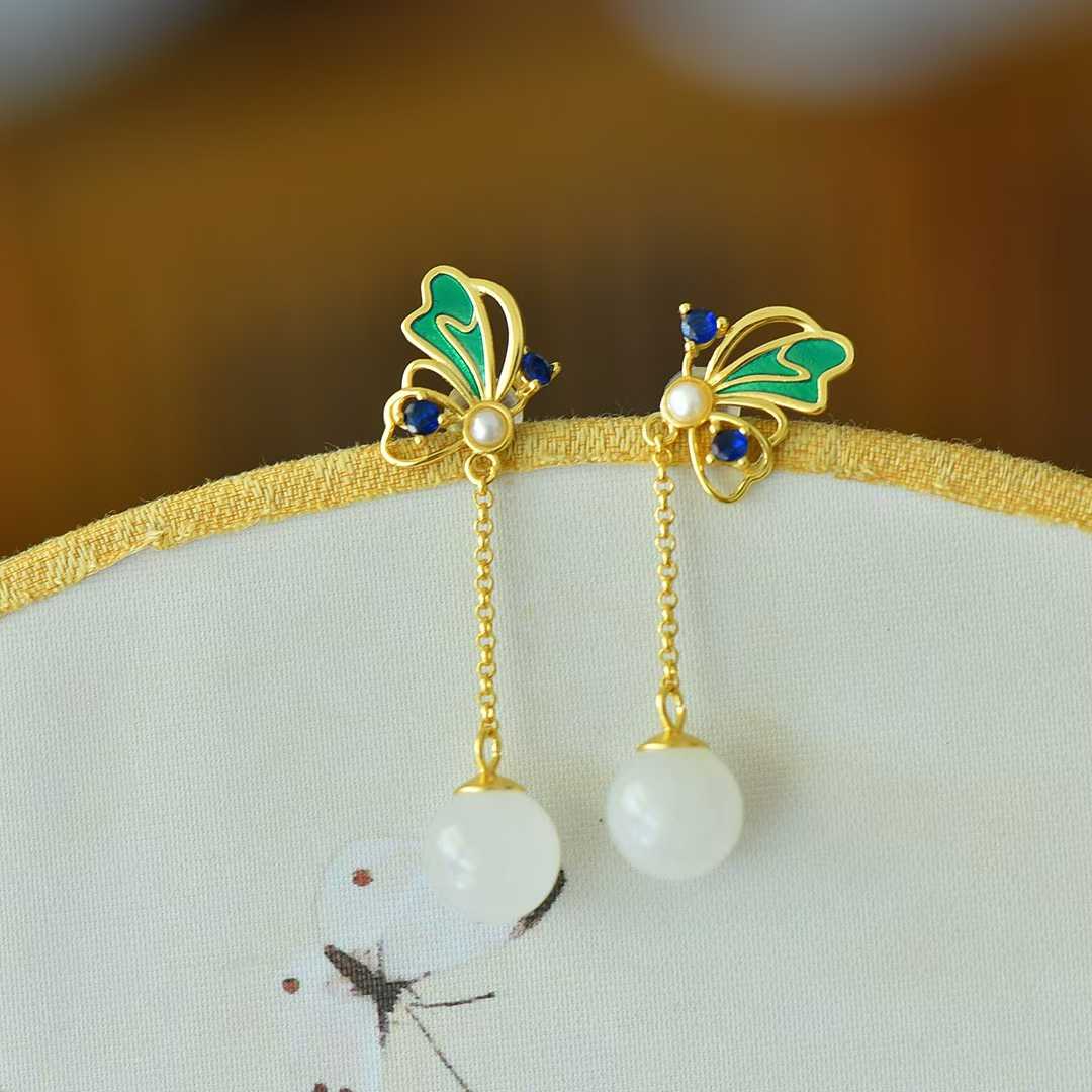 925 Silver Inlaid Nephrite "Butterflies in Flight" Stud Earrings
