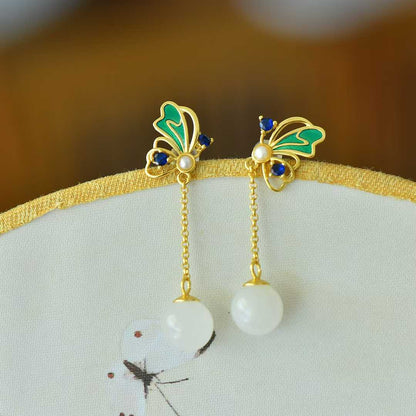 925 Silver Inlaid Nephrite "Butterflies in Flight" Stud Earrings