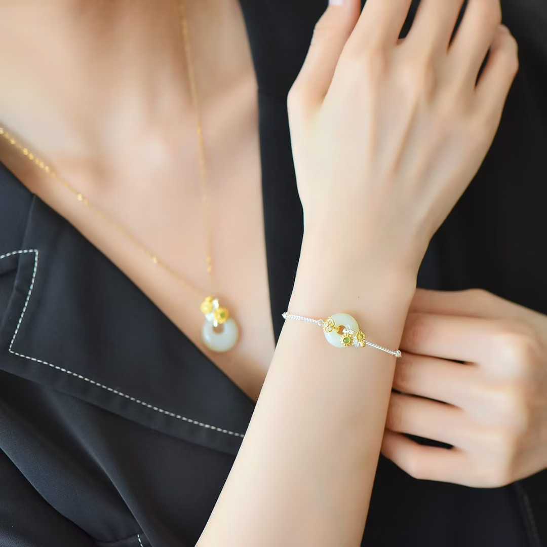 Traditional Chinese Hetian jade jewelry set - July hollyhock Flower God collection"