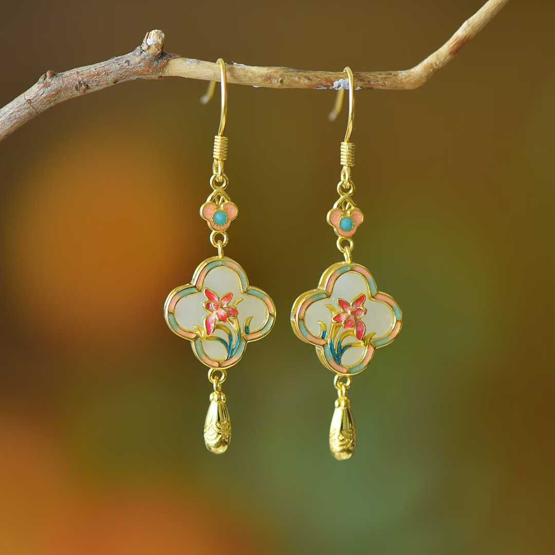925 Silver Inlaid Hetian Nephrite "Four-Leaf Clover & Plum Blossom" Earrings