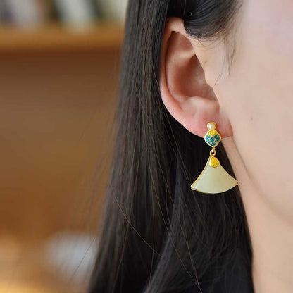 Traditional Chinese dragon scale Hetian jade earrings - silver inlaid