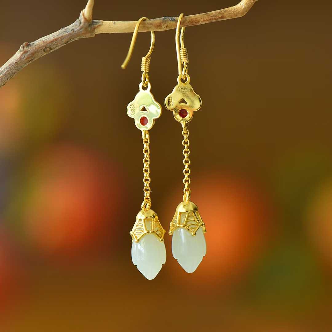 925 Silver Inlaid Nephrite Magnolia and Auspicious Cloud Earrings with Southern Red Agate and Enamel
