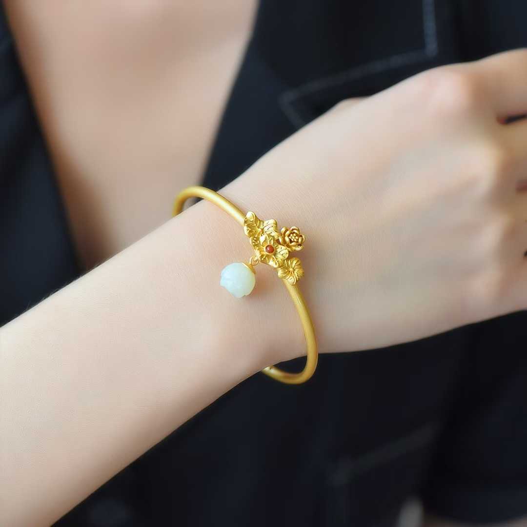 925 Silver Inlaid Hetian Nephrite "Lotus Bead" Bracelet