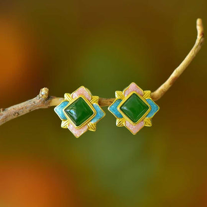 925 Silver Inlaid Hetian Nephrite "Heart Shape & Blooming Prosperity" Stud Earrings