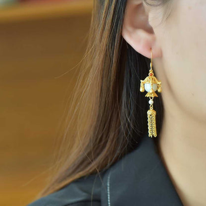 925 Silver Inlaid Hetian Nephrite Fine-Material Old-Style Bead "Thousands of Lit Households" Tassel Earrings