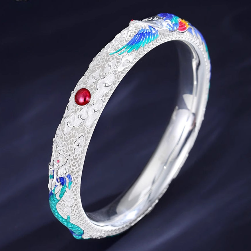 Chinese style enamel dragon and phoenix auspicious hollow filigree closed bracelet
