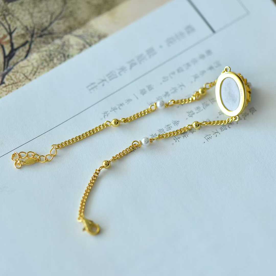 925 Silver Inlaid Hetian Nephrite Peony Bracelet
