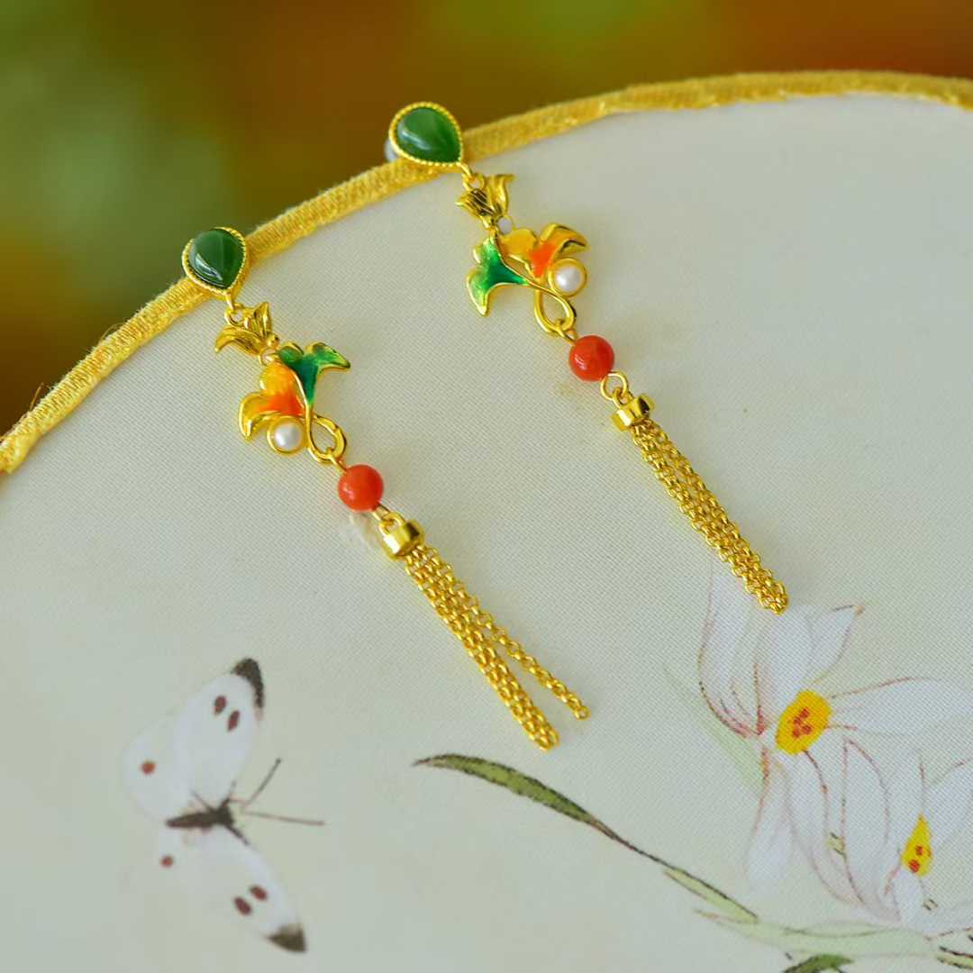 925 Silver Inlaid Hetian Nephrite "Apricot Leaf & Tassel" Earrings