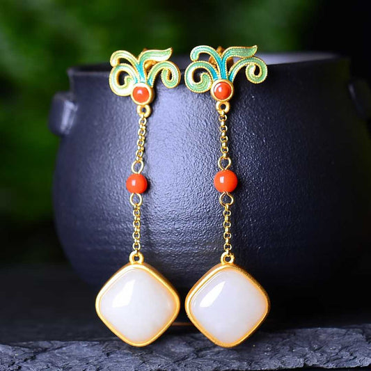 925 Silver Inlaid Natural Nephrite Drum-Face Earrings