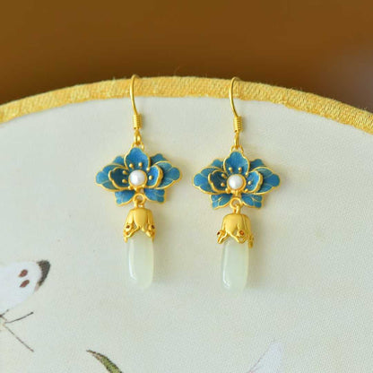 925 Silver Inlaid Hetian Nephrite "Lotus Charm in Gentle Breeze" Earrings