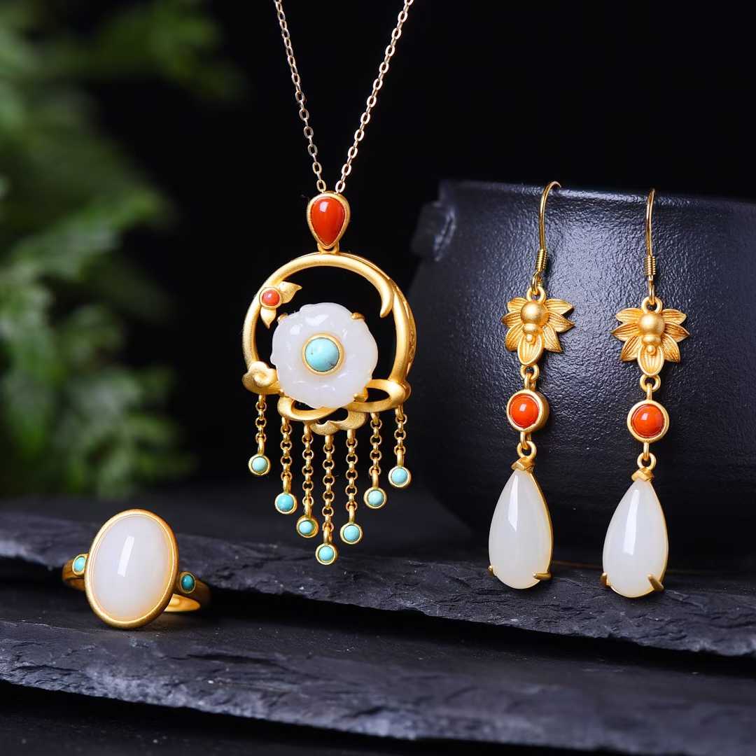 925 Silver Inlaid Hetian Jade and Enamel Set