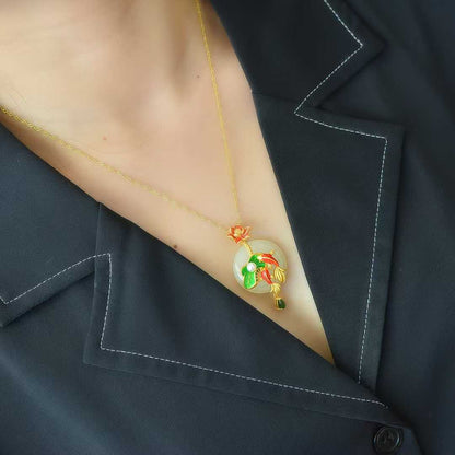 925 Silver-Inlaid Hetian Jade Enamel Pendant with "Ping'an Kou" (Peace Buckle) & "Two Fish Playing Among Lotus" Design