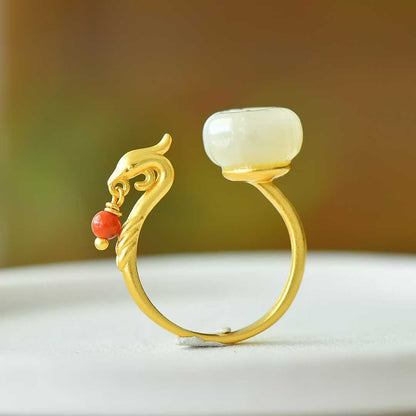 925 Silver Inlaid Hetian White Nephrite "Phoenix Visiting Lotus" Ring with South Red Agate (Plain Silver)
