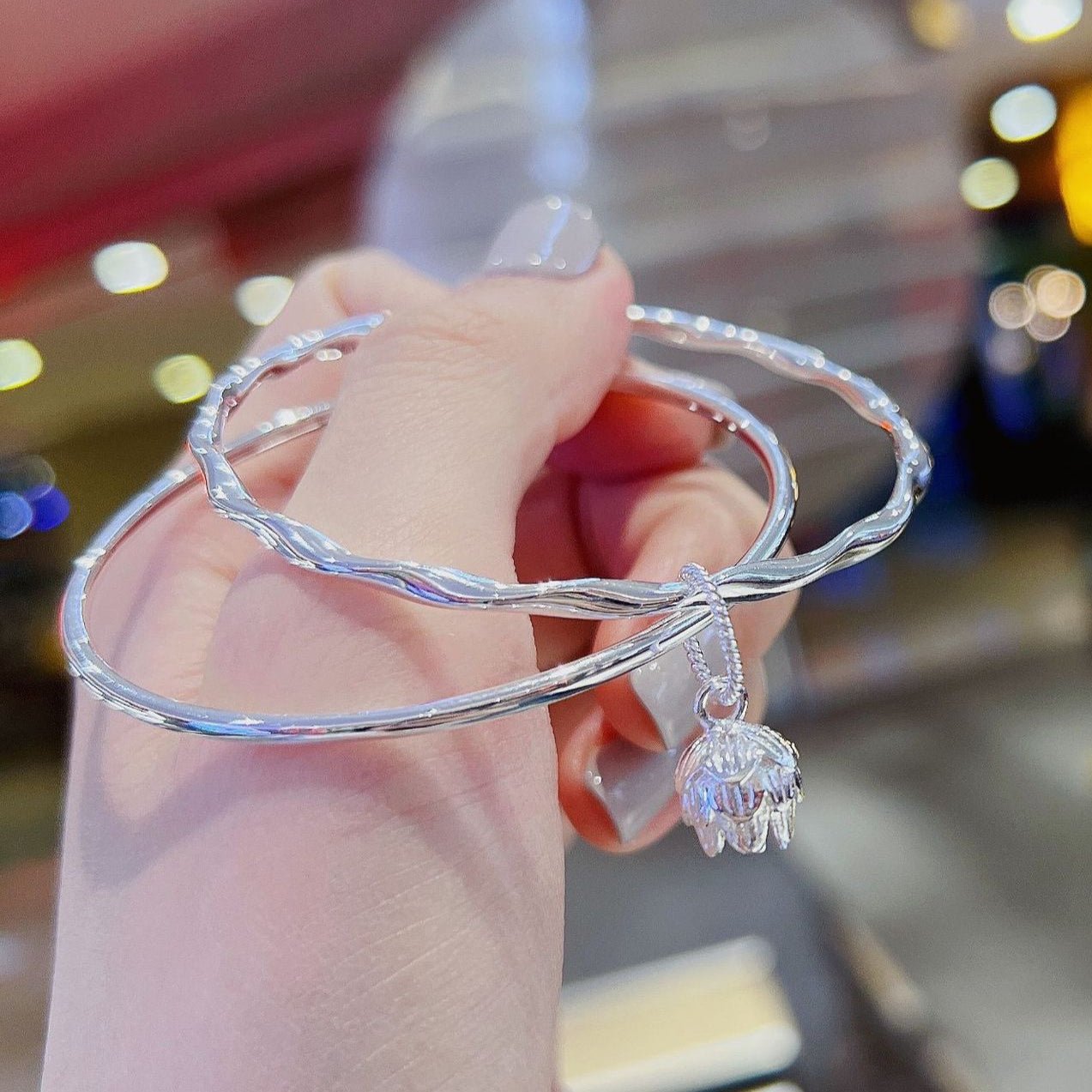 Double Circle Lotus Flower Sterling Silver Bracelet - jewelry - weilin.com